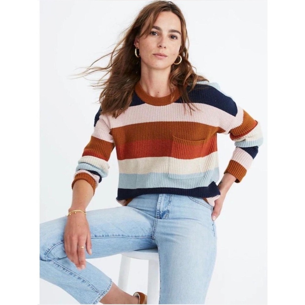 Madewell Thompson Pocket Pullover Crewneck Sweater Rainbow Stripe Oversized XXS
